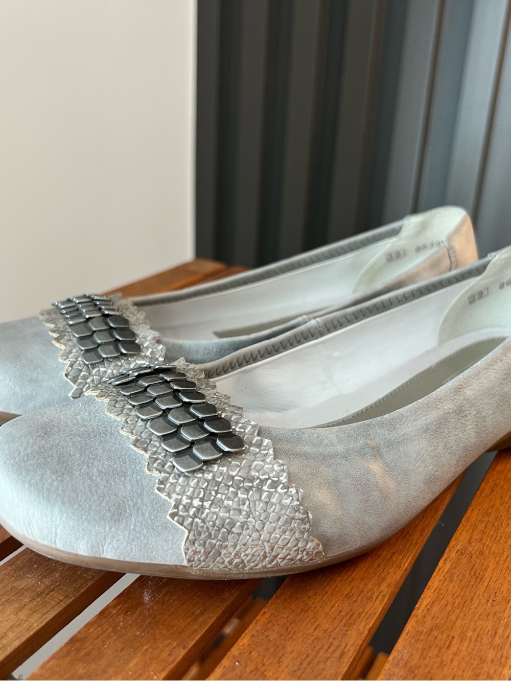 Rieker Light Gray Suede Ballet Flats with Silver Scale Accent